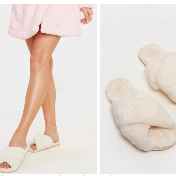 PrettyLittleThing Shoes - Cream Fluffy Cross Strap Slippers